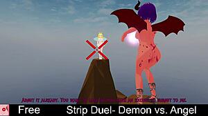In this intriguing game, the demon and angel engage in a strip duel with clothes being ripped.