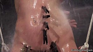 in the dungeon, the hogtied brunette slave endures rough water bondage torture