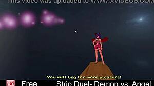 In this intriguing game, the demon and angel engage in a strip duel with clothes being ripped.