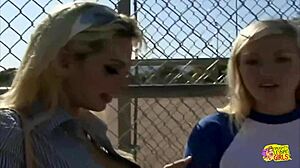 Wow, two fit baseball players dive into a steamy threesome with a horny blonde lesbian babe!