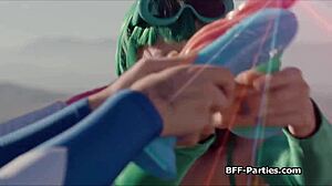 Sexy rangers in cosplay orgasm while sharing dick with toys!