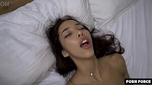 Fragile tiny Asian meets Viking gym bro in bedroom. Rough doggystyle and cum in mouth action!