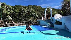 Tattooed Latina Sucks Cock and Gets Doggy Fucked by the Pool