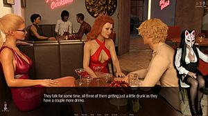 In the bar, Jessica O'Neil teases with stockings and upskirt views in her hard news game episode 33, blending brunette and blonde office slut vibes.