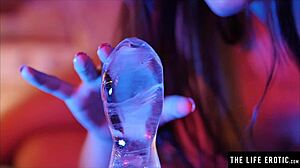 she fucks her tight asshole with a huge ice dildo