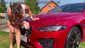 Sexy car wash with lenushka doll - hot summer and wet hose play