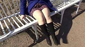 Sexy Legs Blonde Flashes Big Tits Pussy in Public Park