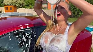 Sexy car wash with lenushka doll - hot summer and wet hose play
