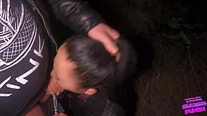 Night face fuck outdoors turns rough. Young amateur swallows big cock with ease!