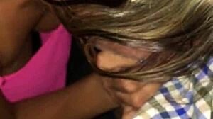 Mature tattooed blonde milf sucks petite young cock outdoors in public.