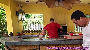 Petite Teenie Rides Senior’s Cock Anally in Bikini Scene.