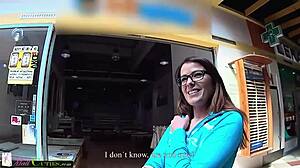 Shy teen girl explores the mall with friends