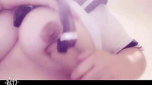 hey, this japanese chick in costume is going wild with dildo masturbation on her big tits and pussy 😈