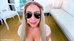 sunny chase gives pov blowjob to huge cock and swallows cum
