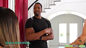 Petite asian masseuse with sexy tats gives wet nuru massage to black client isiah maxwell on big cock