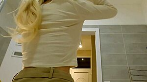 feeling nervous yet excited as the blonde slut undresses in the bathroom for her casting interview turning into a porn shooting