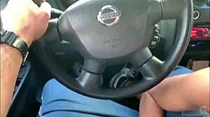 A couple enjoys road head on the bustling Las Vegas Boulevard with blowjobs and wet pussy action