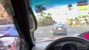 A couple enjoys road head on the bustling Las Vegas Boulevard with blowjobs and wet pussy action