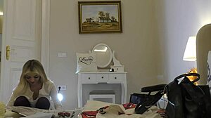 feeling nervous yet excited as the blonde slut undresses in the bathroom for her casting interview turning into a porn shooting