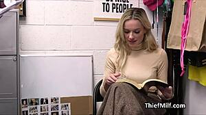 Milf gets caught stealing dildos in office on hidden cam and kneels for blowjob punishment