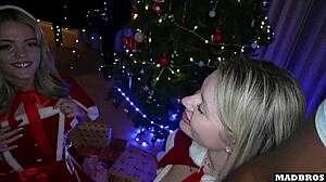 two christmas blondes take anal and dp under tree