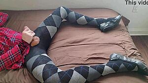 I jerk off as shemale in plaid dress and argyle tights.