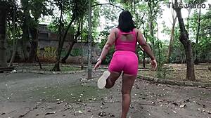 dripping pussy in the park with lover's anal toys?