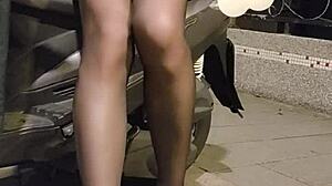 shemale ting xuan in office lady suit plays with love egg outdoors at work