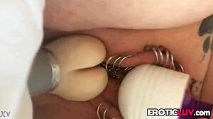Horny Babe Toys Pierced Pussy with Homemade Dildo