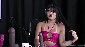 Glamorous teen Tiffany Rocha in sheer red swing with bisexual group