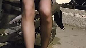 shemale ting xuan in office lady suit plays with love egg outdoors at work