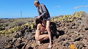 Real outdoor sex with cute big tits brunette and monster cock blowjob in yellow mountain desert.