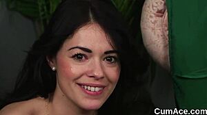 Spicy doll gets sperm shot on her face sucking all the cum?