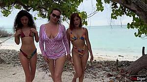 three hot girls enjoy group fun with a guy, ending in facial delights