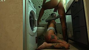 Muscular guy gets rimjob in bathroom then fucks wet pussy on kitchen table