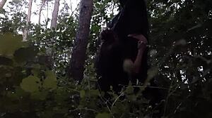 He fucks stepsister in mouth in woods, hiding from boyfriend.
