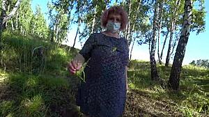 lesbians find forest dildo so girlfriend fucks milf doggystyle with shaking big ass in panties and big tits pov