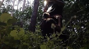 He fucks stepsister in mouth in woods, hiding from boyfriend.