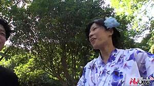 Asian Saki Aoyama with short hair and big natural tits blows hard cock uncensored