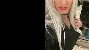platinum blonde crossdresser relaxes after a date