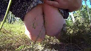 lesbians find forest dildo so girlfriend fucks milf doggystyle with shaking big ass in panties and big tits pov