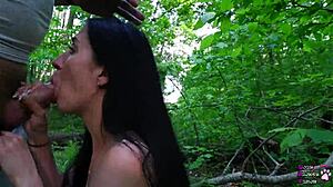 Young black haired brunette wife with long hair sucks fat big cock in nature forest until cum in mouth fucking