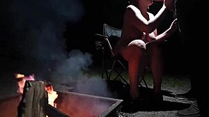 Curvy fat babe with big tits gets naked in nature for outdoor camping cock sucking