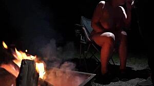 Curvy fat babe with big tits gets naked in nature for outdoor camping cock sucking