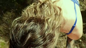 French milf slut gets bent over and fucked doggystyle in forest with cum in mouth