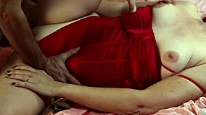 French amateur in red satin bra thong panties stockings heels gets deepthroat rimming ass lick and cumshot.