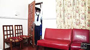 Two students having a hot fuck in the staff office after school hours