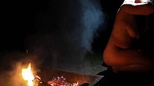 Curvy fat babe with big tits gets naked in nature for outdoor camping cock sucking