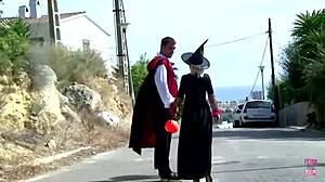 Blonde chick bent over for assfucking and cum in mouth at costume party