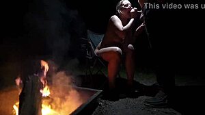 Curvy fat babe with big tits gets naked in nature for outdoor camping cock sucking